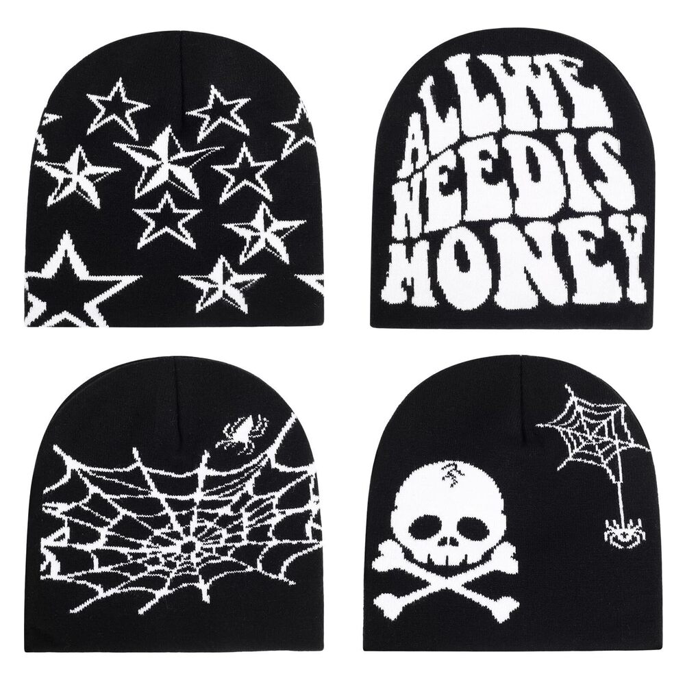 8866 4Pcs Y2k Beanie Winter Knitted Graphic Beanie Warm Y2k Hat